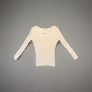 Vintage Cache Cream Rib Knit Long‎ Sleeve Tortoise Accent Sweater Size LG